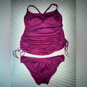 Purple-Plum Ruched Anita Tankini Swimsuit. Top E Cup, bottom 12. VGUC